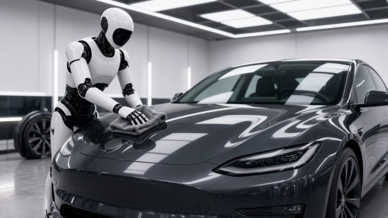 Humanoid robot polishing a modern dark gray sedan in a professional detailing studio